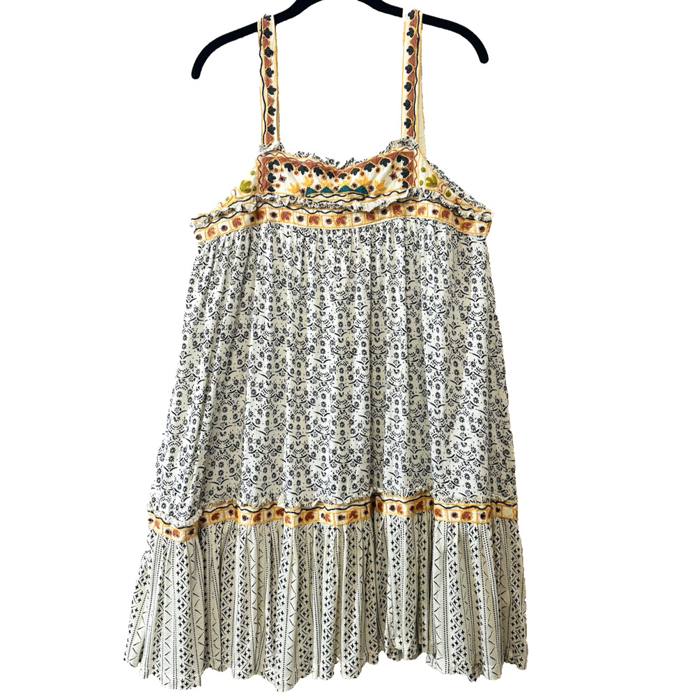 FREE PEOPLE Sz M Ivory Linen Boarderline Floral Sun Festival BOHO Tank Dress